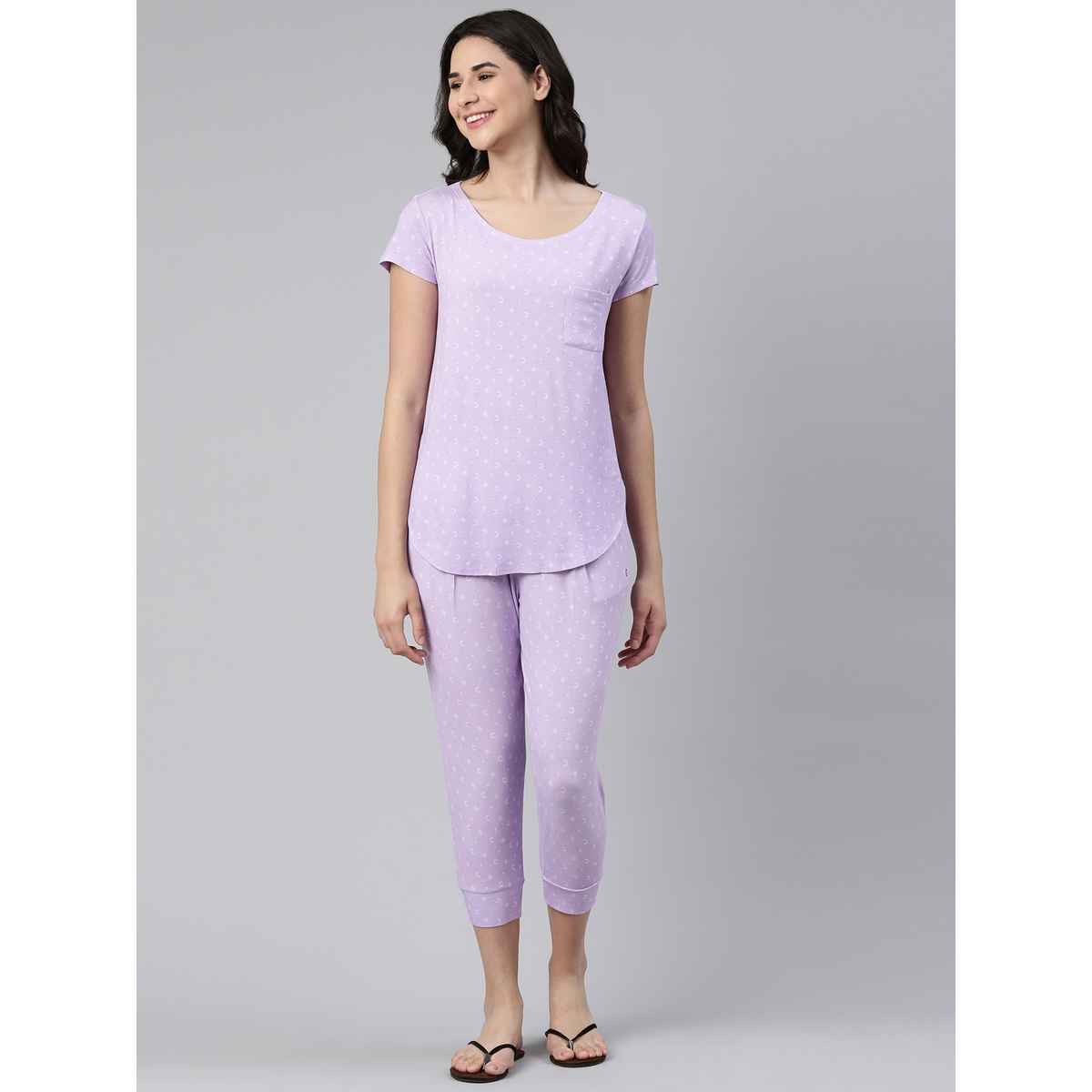 Enamor Essentials EC16 Women s Aop-Soft & Drapey All Over Printed Lounge Capri Set | Lavendar | XL