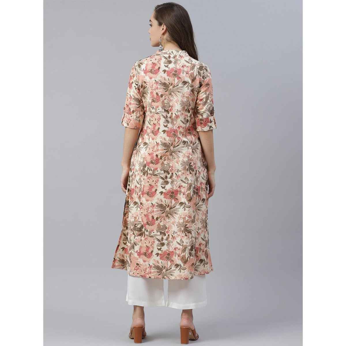 Divena Women s Cream Cotton Floral Print A-Line Kurta | DBK0336 | M