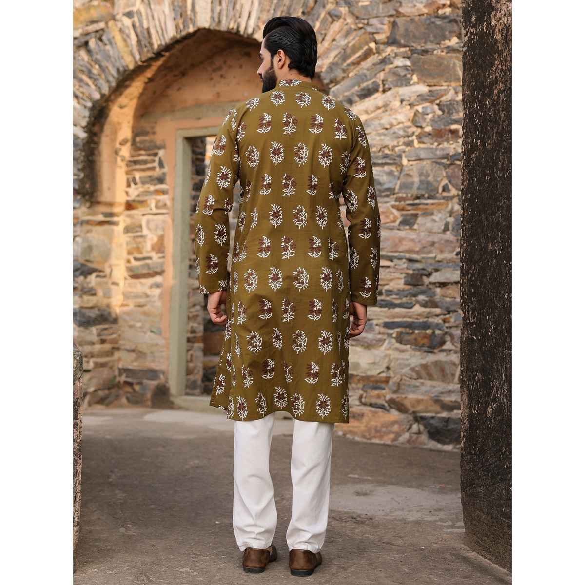 Sanskrutihomes Mandarin Collar Printed Summer Sheers Cotton Kurta for Men | Olive | S