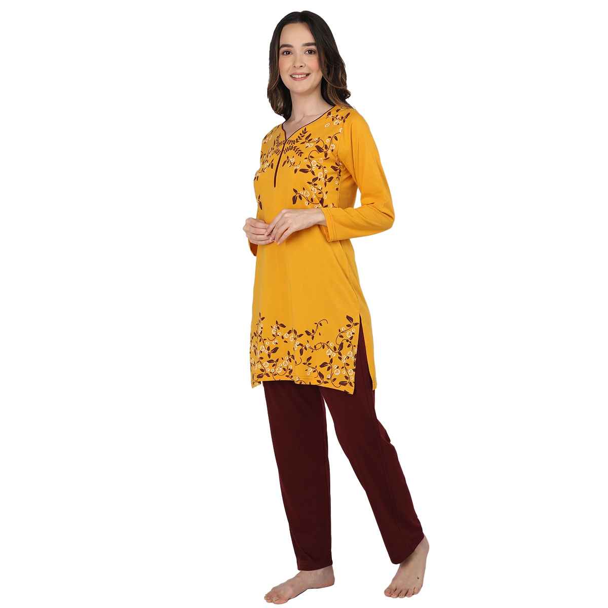 Duchess Women s Cotton Regular Fit Printed & Embroided Long Length Night Suit Set | Mustard - 3XL