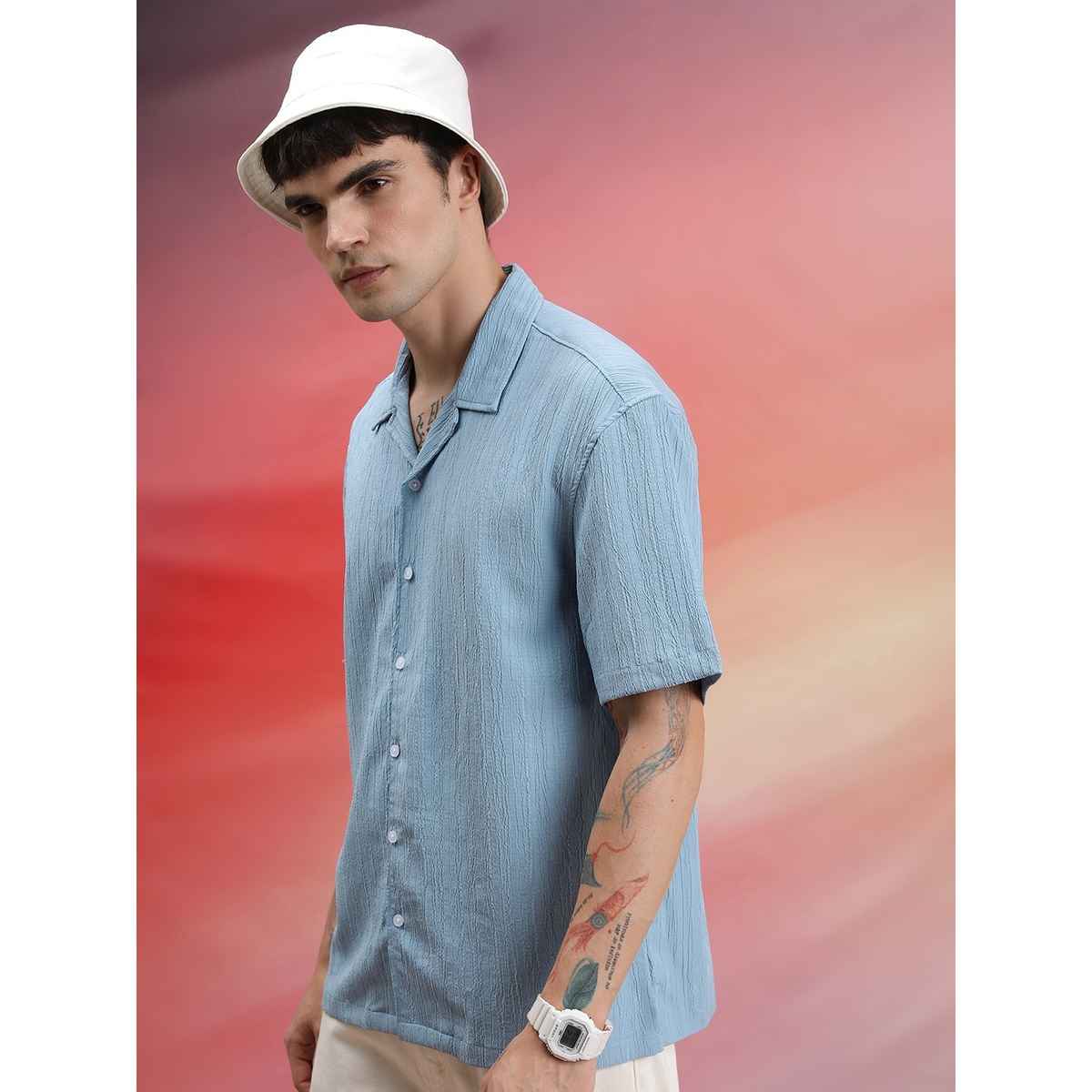 Highlander Men's Self Design Oversized Casual Shirt - Light Blue | M