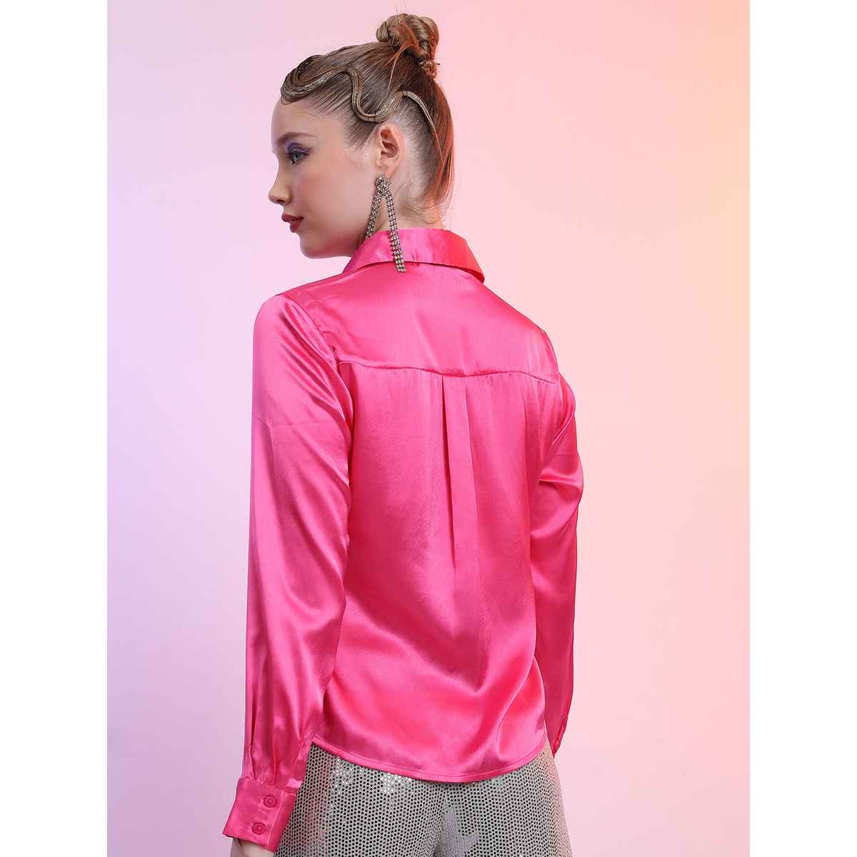 Tokyo Talkies Women's Spread Collar Satin Casual Shirt | Pink - S