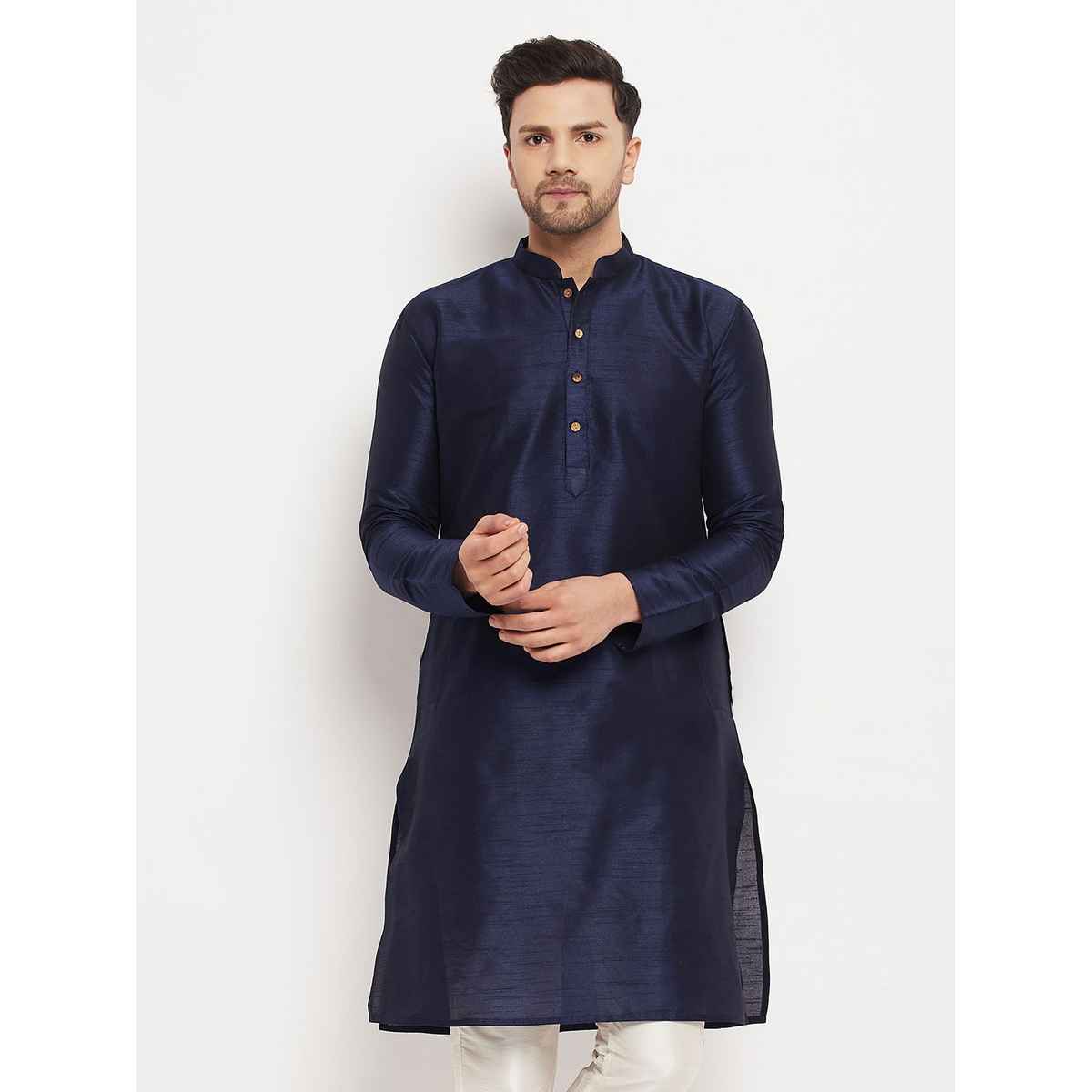 Vastramay Men's Silk Blend Kurta | Dark Blue - L