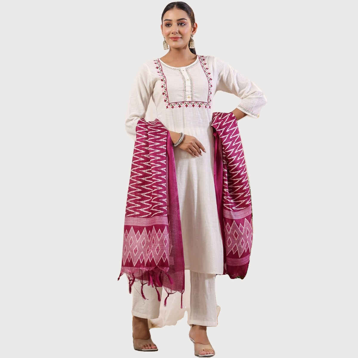 Anubhutee Women's Ethnic Straight Cotton Blend Kurta Set with Dupatta | Off White - S