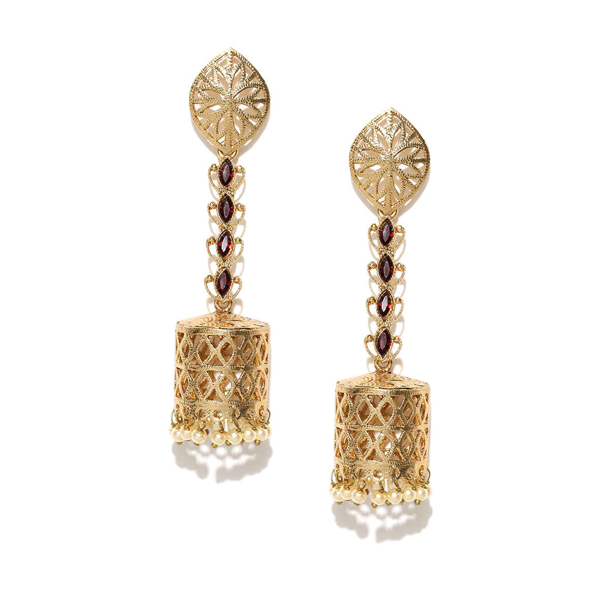 Priyaasi Gold-Plated Stones Studded Jhumka Earrings with Pearls Drop
