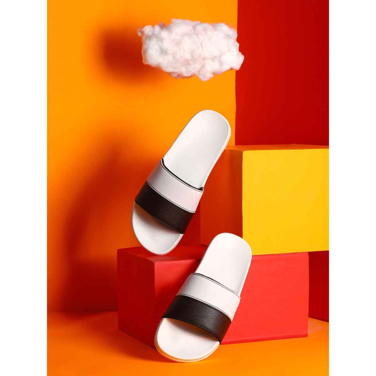 hummel Camp Color Block slides for Men with Cushioned Sole and Arch Support | White & Fudge | 7