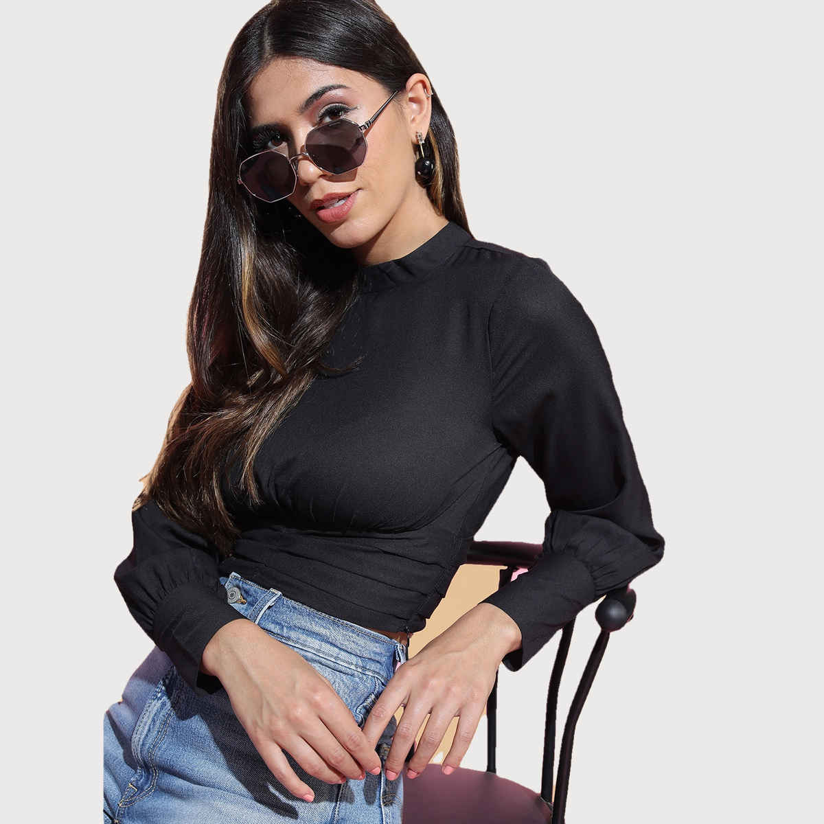 Tokyo Talkies Women's Side Fixed Laceup Detailed High Neck Crop Top | Black - XL