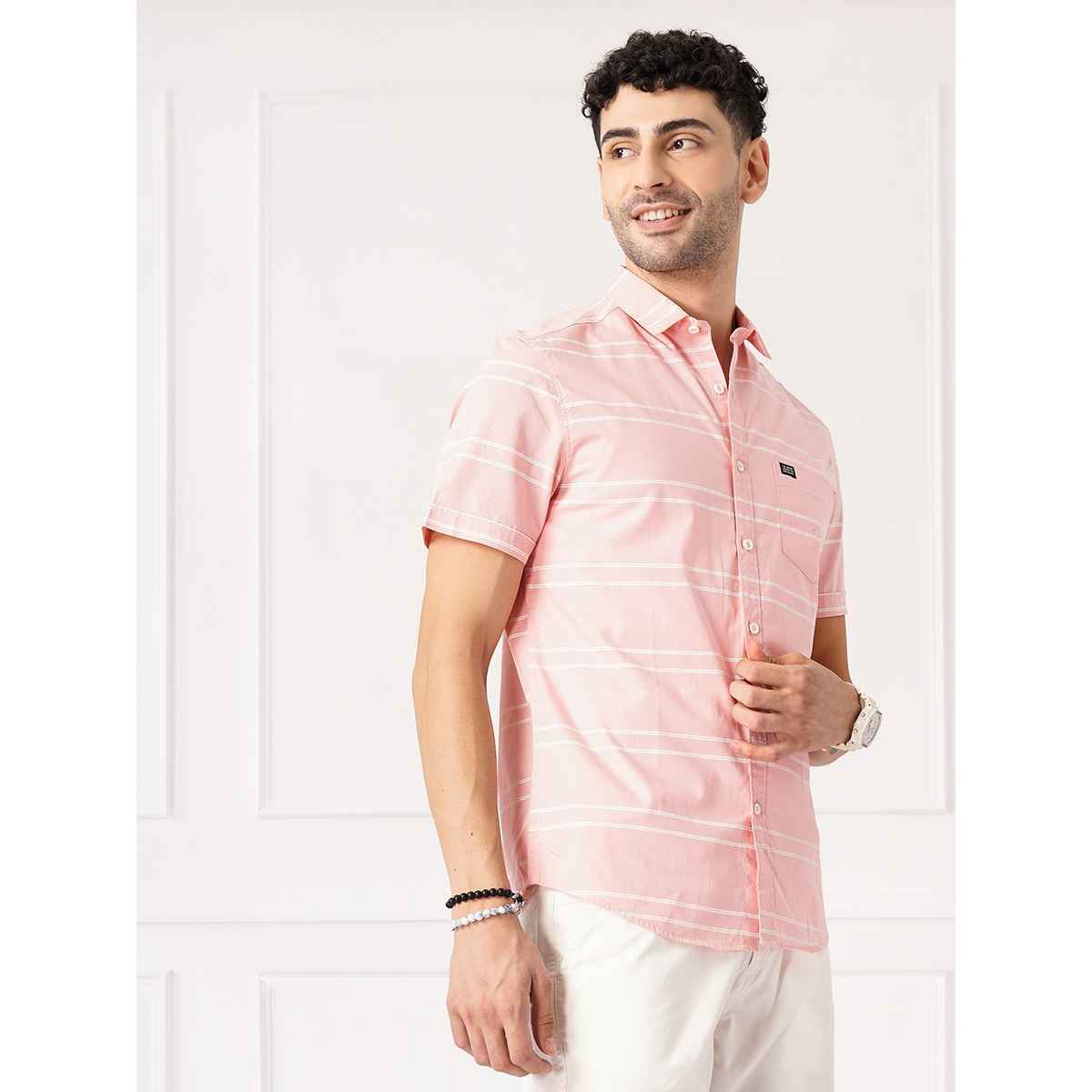 The Indian Garage Co Men's Slim Fit Striped Casual Shirt | Pink - L