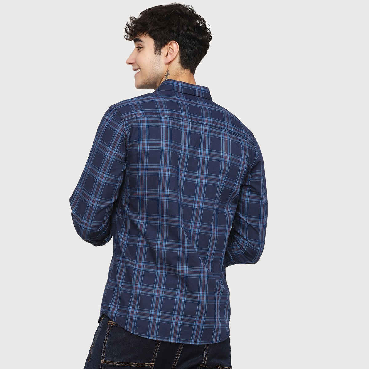 The Indian Garage Co Men's Slim Fit Checkered Casual Shirt | Navy Blue - XL