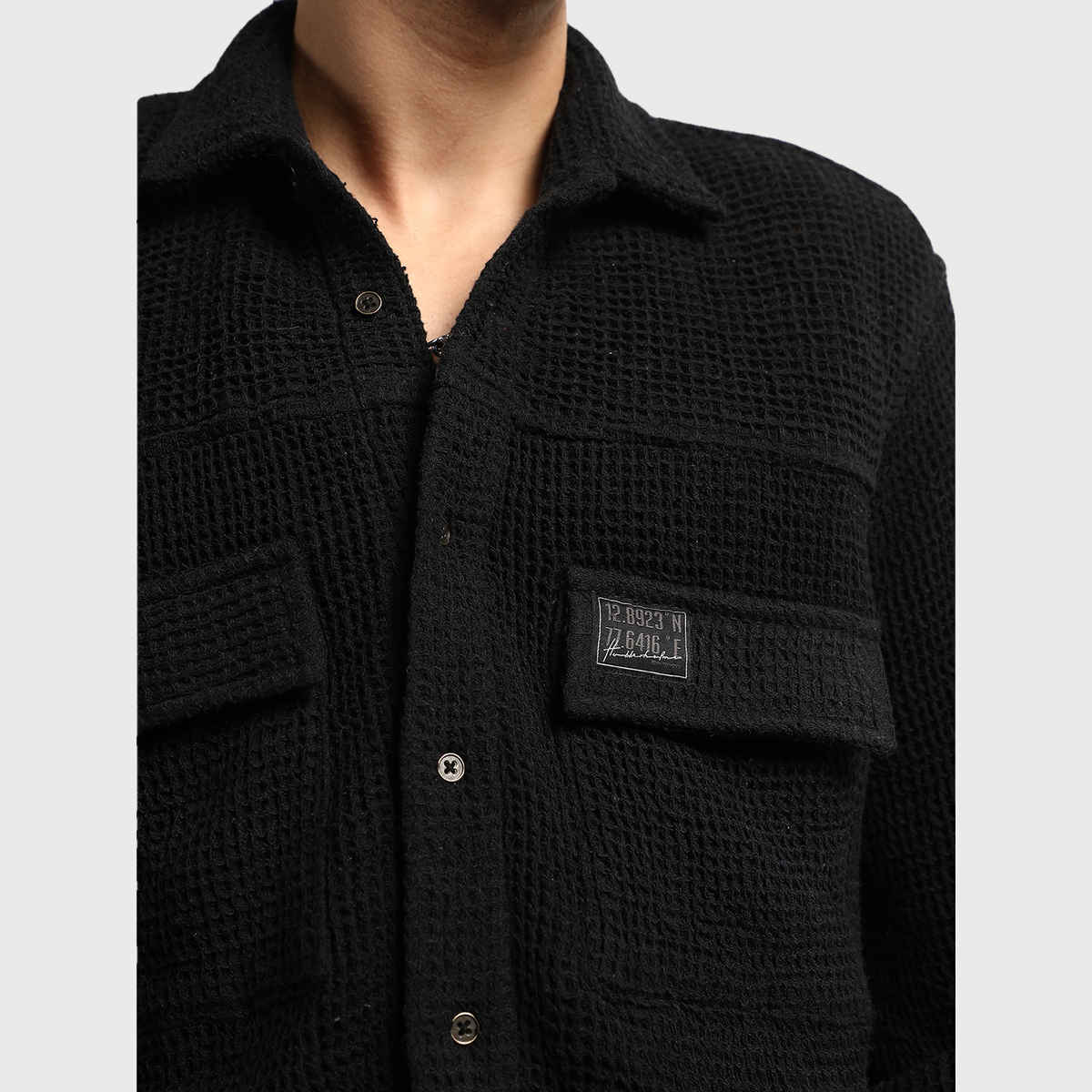 Hubberholme Men's Oversized Cotton Casual Waffel Double Pocket Full Sleeve Shirt | Black - 38