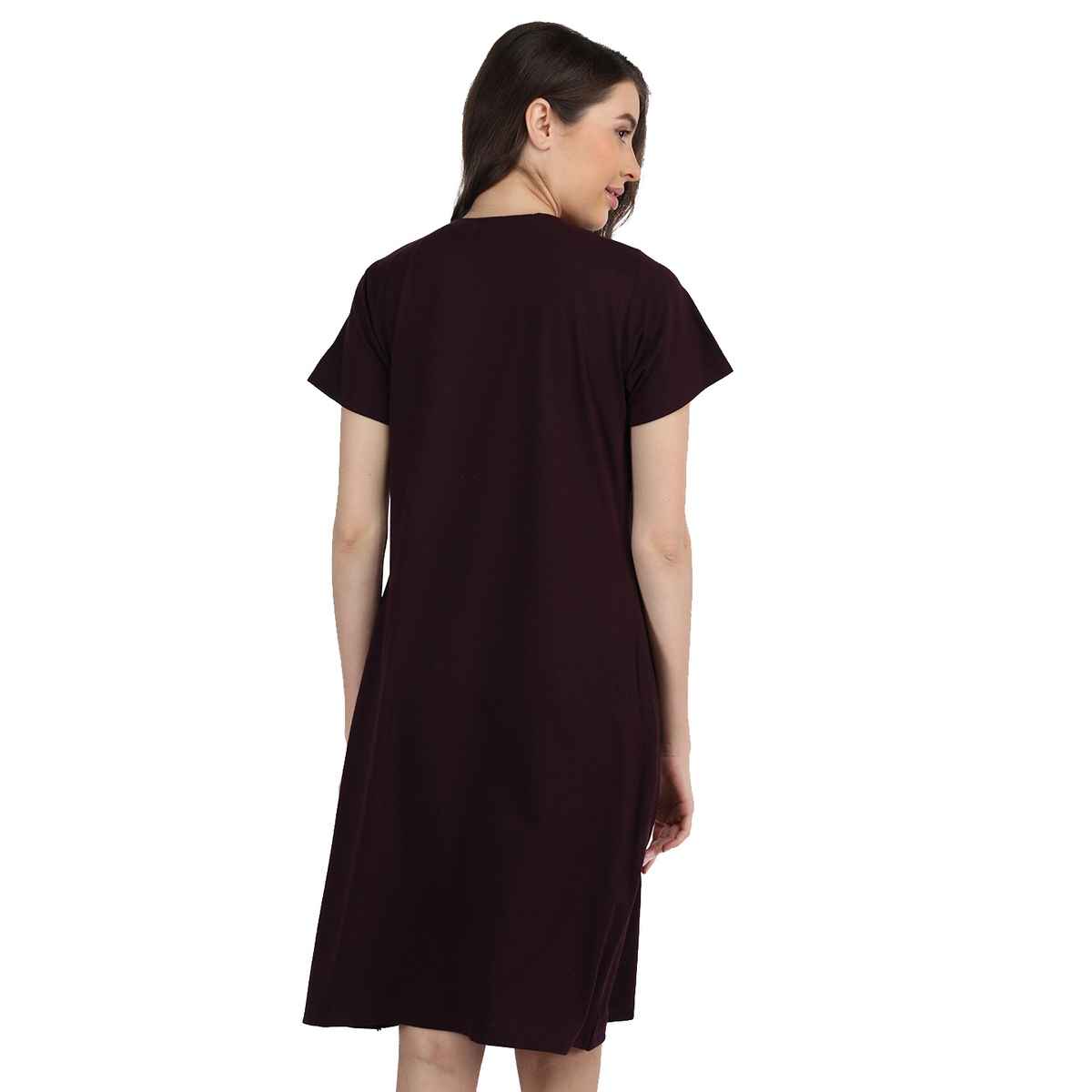 Duchess Women's Cotton Blend Printed Knee Length Nighty | Wine - M