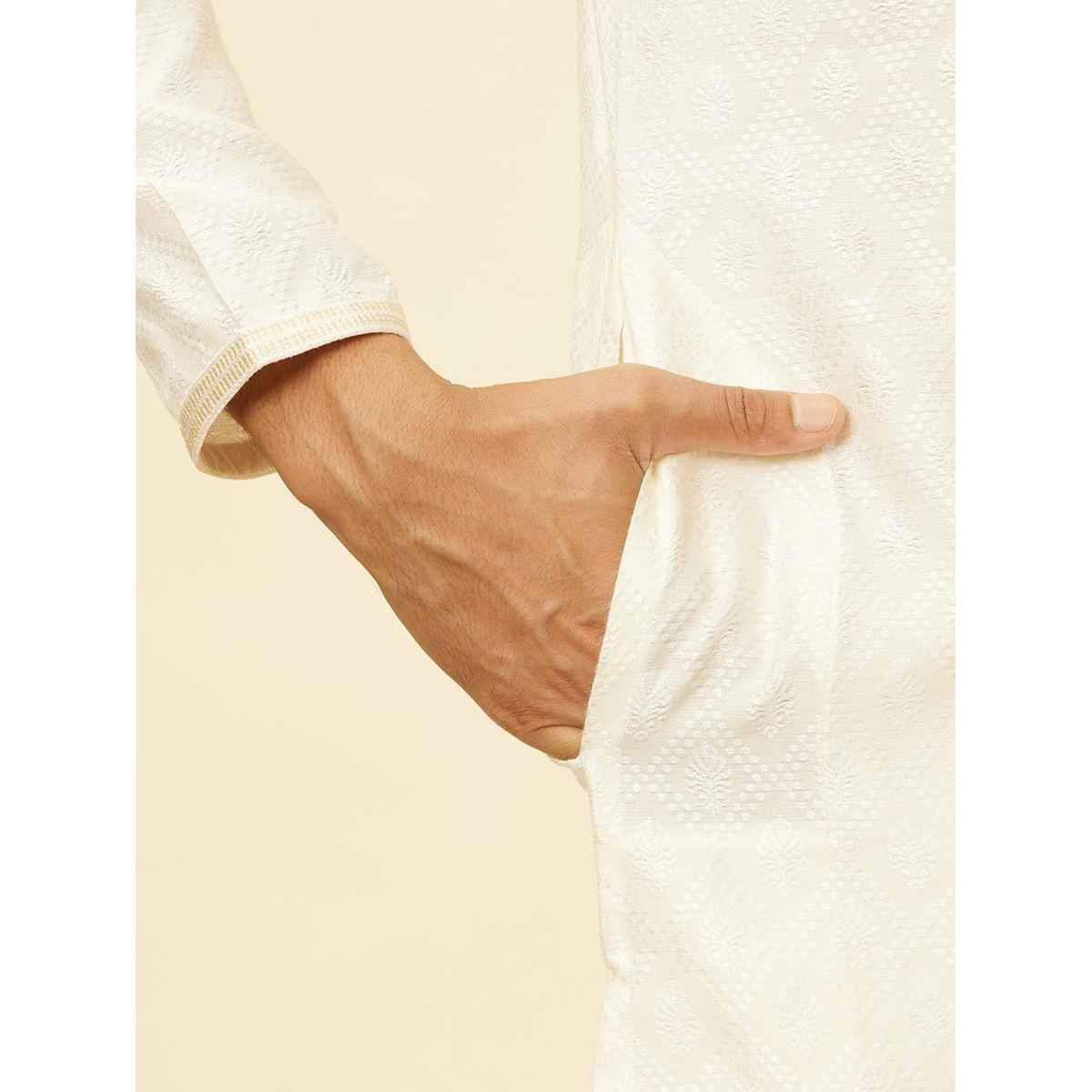 Manyavar Cream Blended Viscose Self Design Kurta Set | XXL