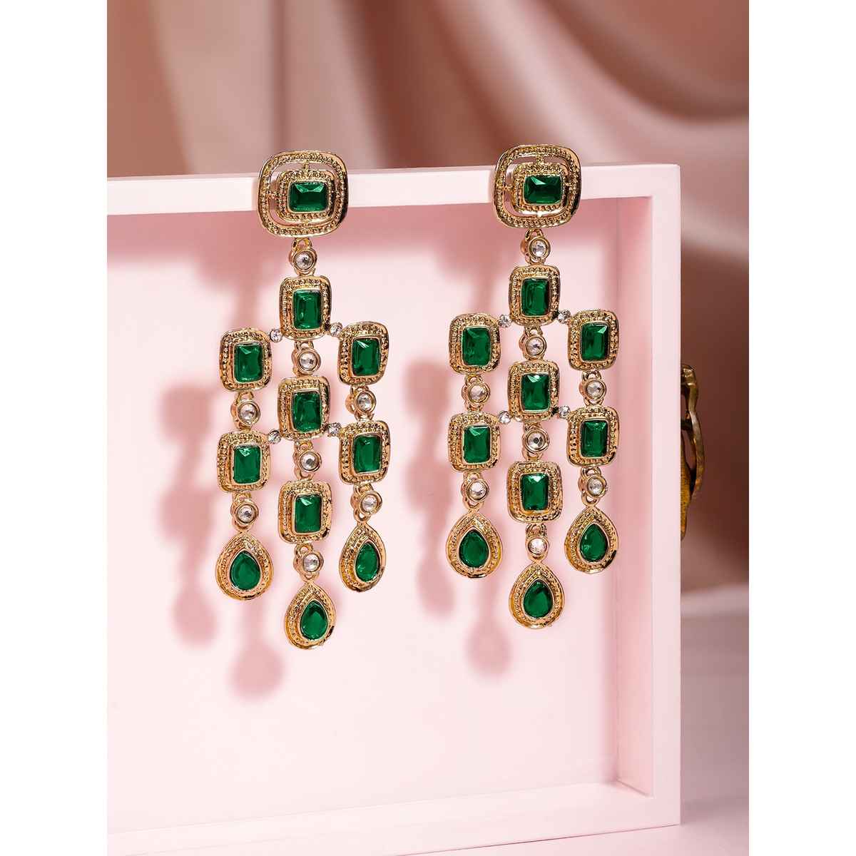 Rubans 22K Gold-Plated Emerald Gemstone Studded Chandelier Drop Earrings