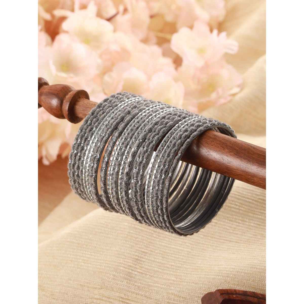 Priyaasi Set Of 24 Silver Plated Glitter Metal Bangles