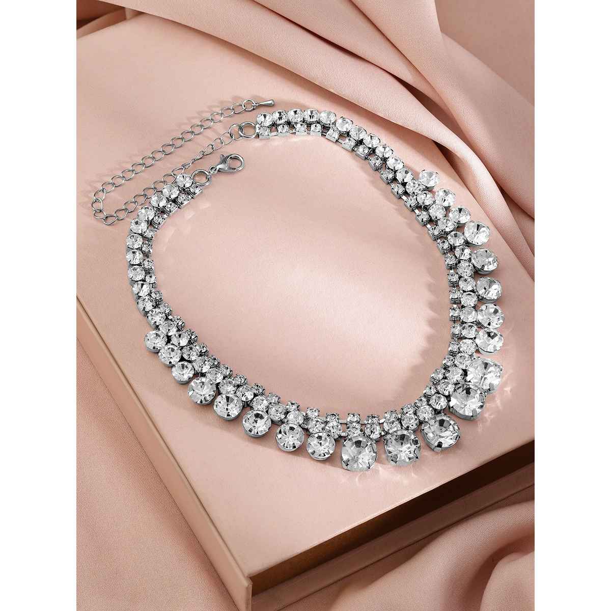 Rubans Rhodium-Plated Teardrop Crystal Stone Studded Necklace