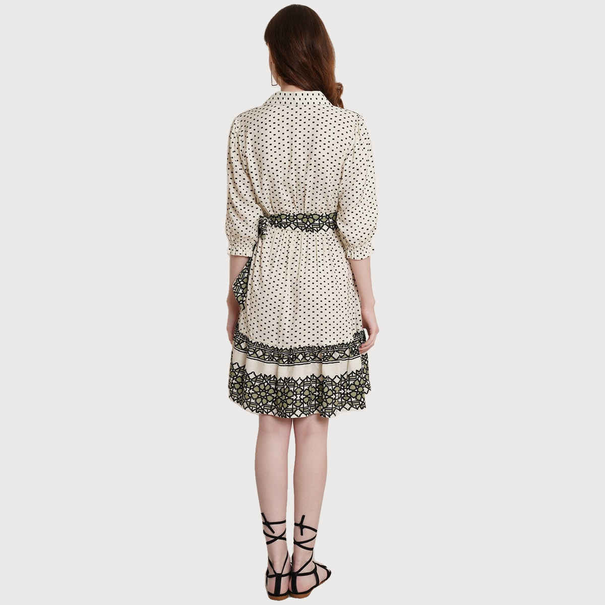 Wyshlist Women's Dress Flared Hem Geometric Print With Puff Sleeves | Off White - XL