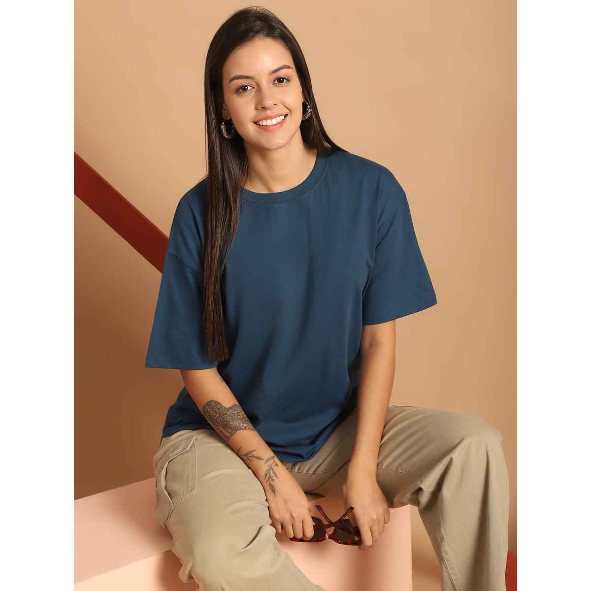 Fabflee Women Oversize Cotton Printed Round Neck Tshirt | Blue | FAB-OS-507 | M