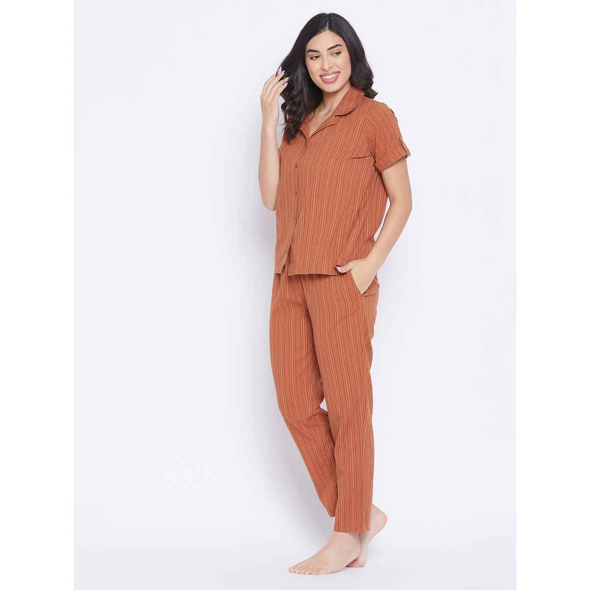 Clovia Women's Sassy Stripes Button Down Shirt & Pyjama - Cotton | LS0385D06 | Brown - M