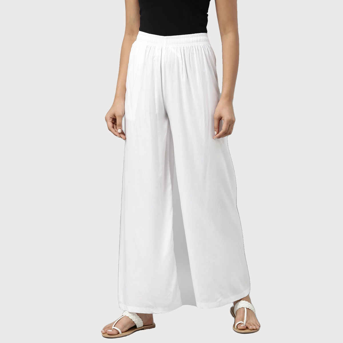 Go Colors Women's Solid Woven Viscose Mid Rise Basic Palazzos | LPZ7 | White - XL