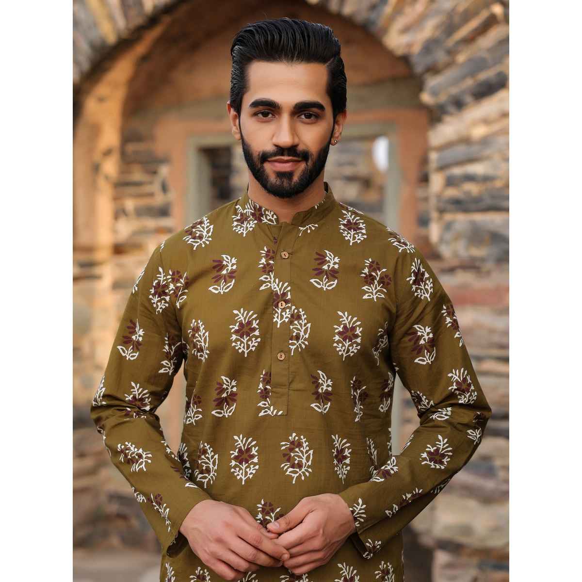 Sanskrutihomes Mandarin Collar Printed Summer Sheers Cotton Kurta for Men | Olive | S