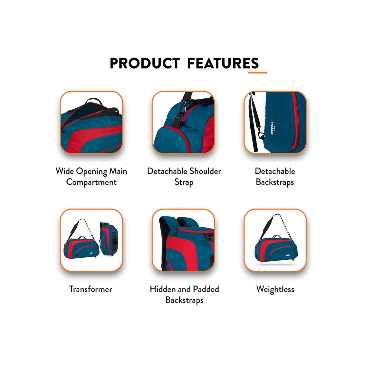 Pazzo Jake 50L Duffel Bag | 3-in-1 Gym | Travel & Backpack | Convertible with Spacious Storage