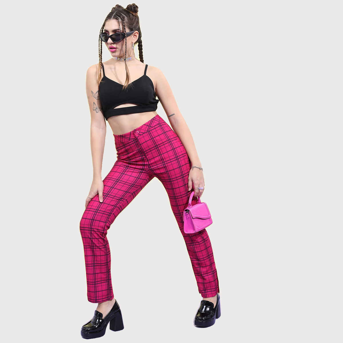 Ketch Women's Checked Split Hem Regular Trousers | Multicolor - 32