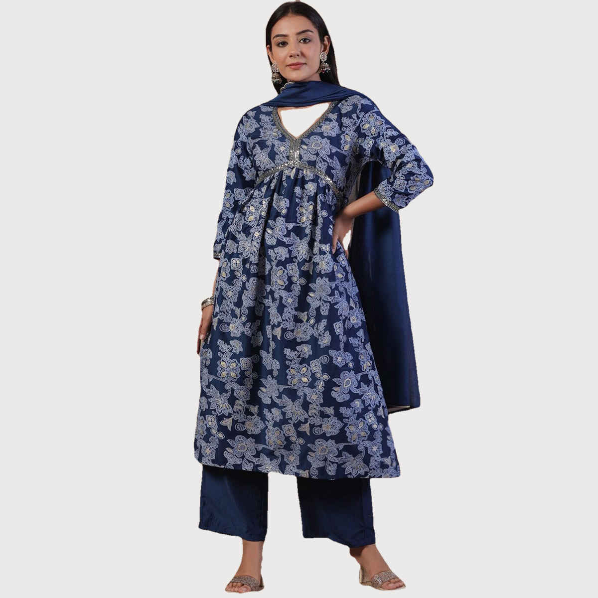 Ishin Women Straight Ethnic Poly Silk Kurta Set | INWSDAW231152 | Navy - XL