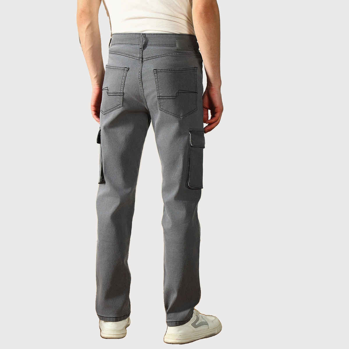 Dennis Lingo Men's Straight Fit Mid-Rise Dark Shade Cargo Jeans | DLMJNW23173 GR-32 | Grey - 32