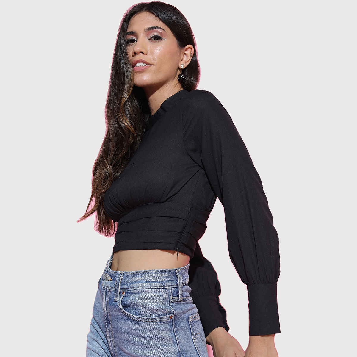 Tokyo Talkies Women's Side Fixed Laceup Detailed High Neck Crop Top | Black - XL