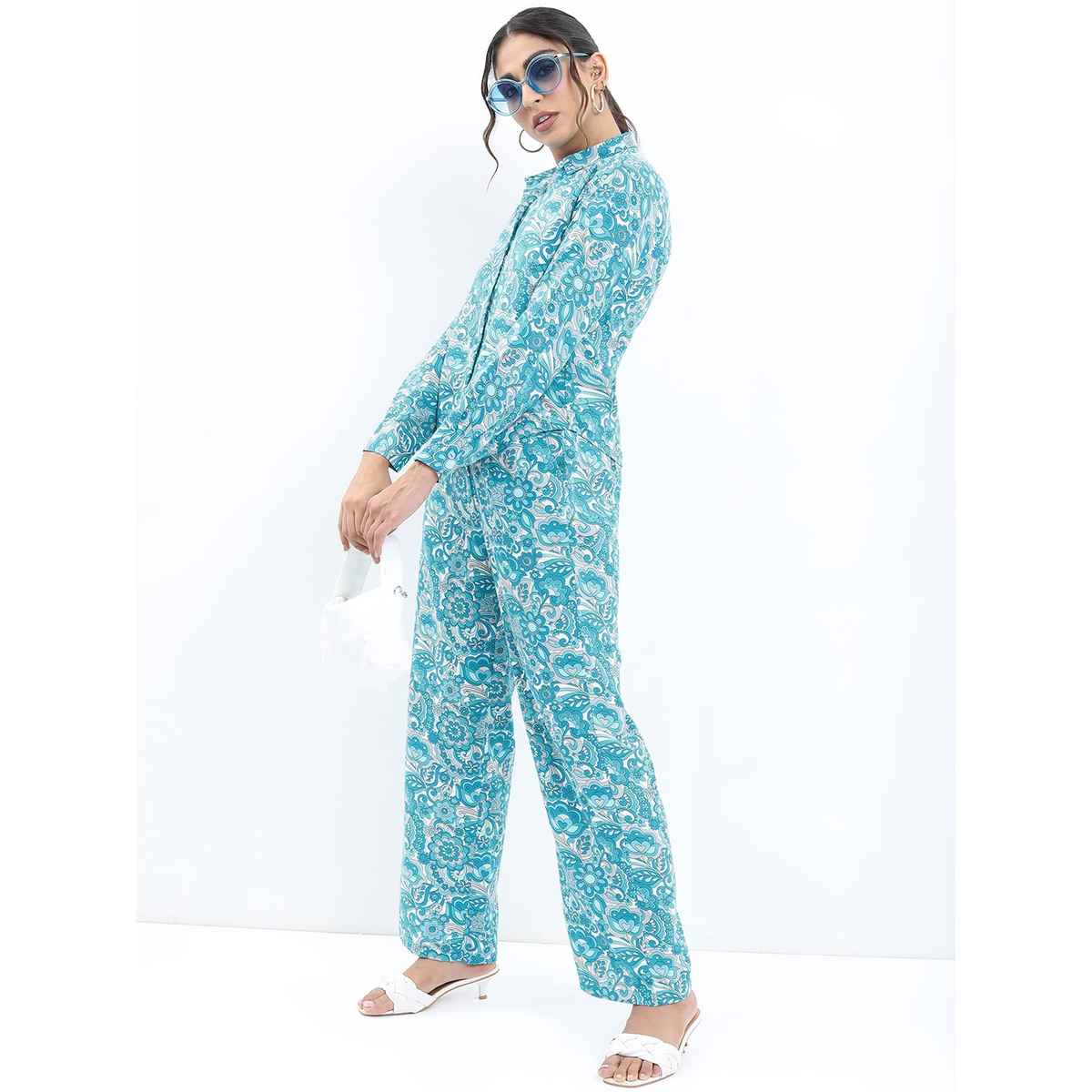 Ketch Women Floral Printed Shirt With Trouser Co-ords | Blue | L