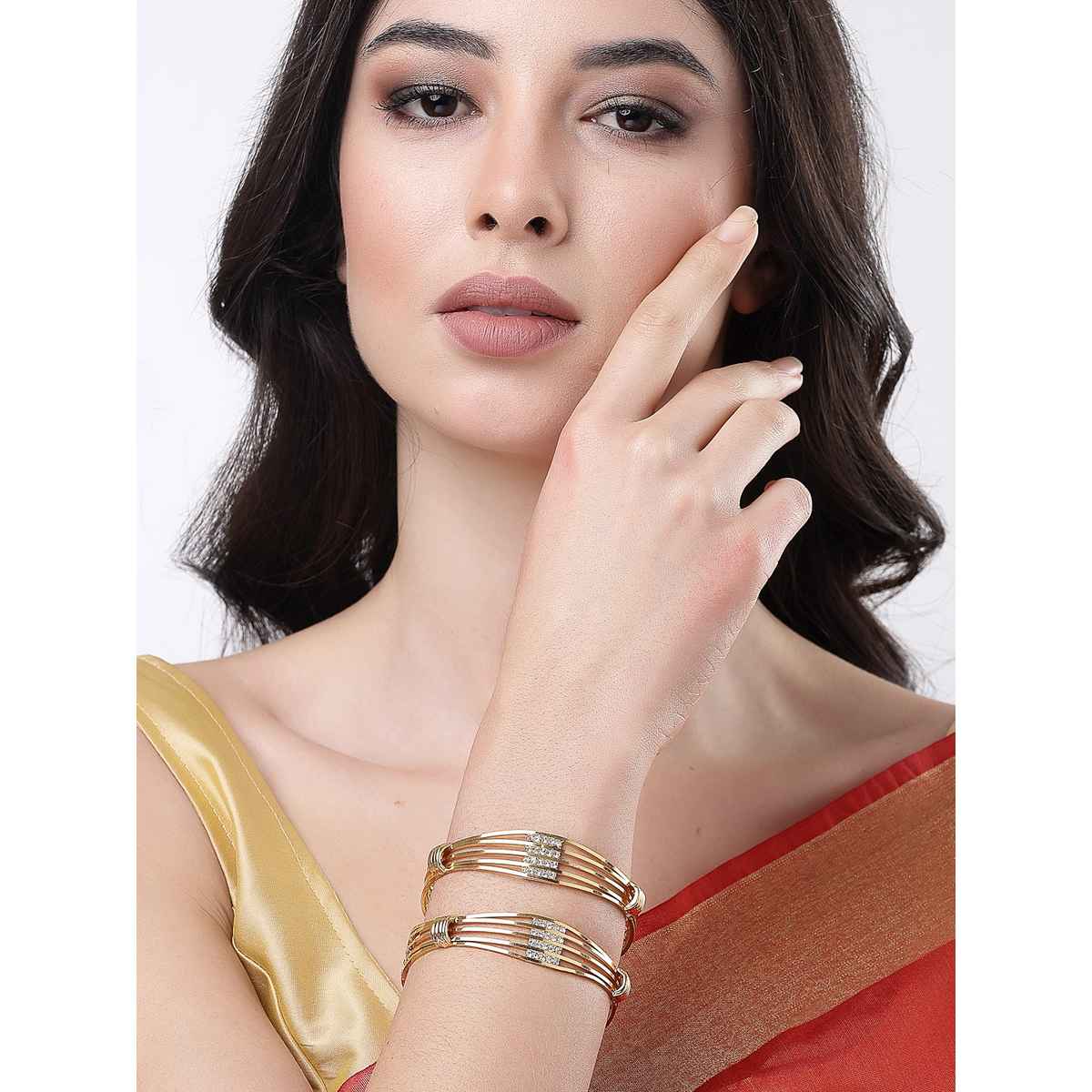 NVR Women's Set of 2 Gold Plated American Diamond-studded Bangles | NVR2345-L