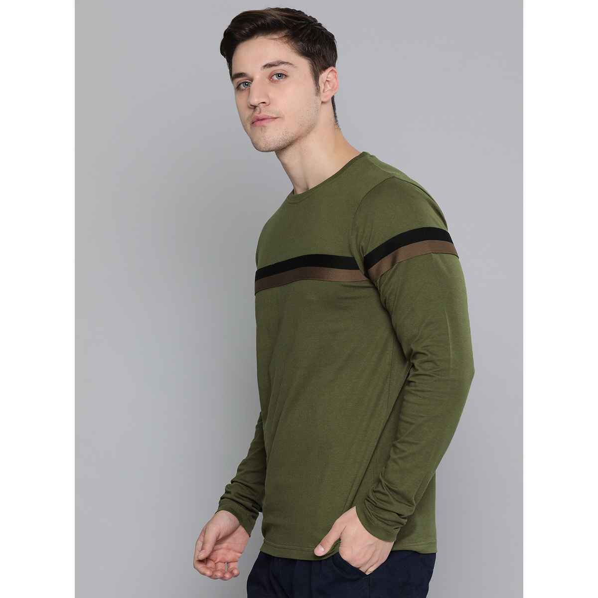 Dillinger Men's T-shirt Long Sleeve Striped Pure Cotton | Olive - XL