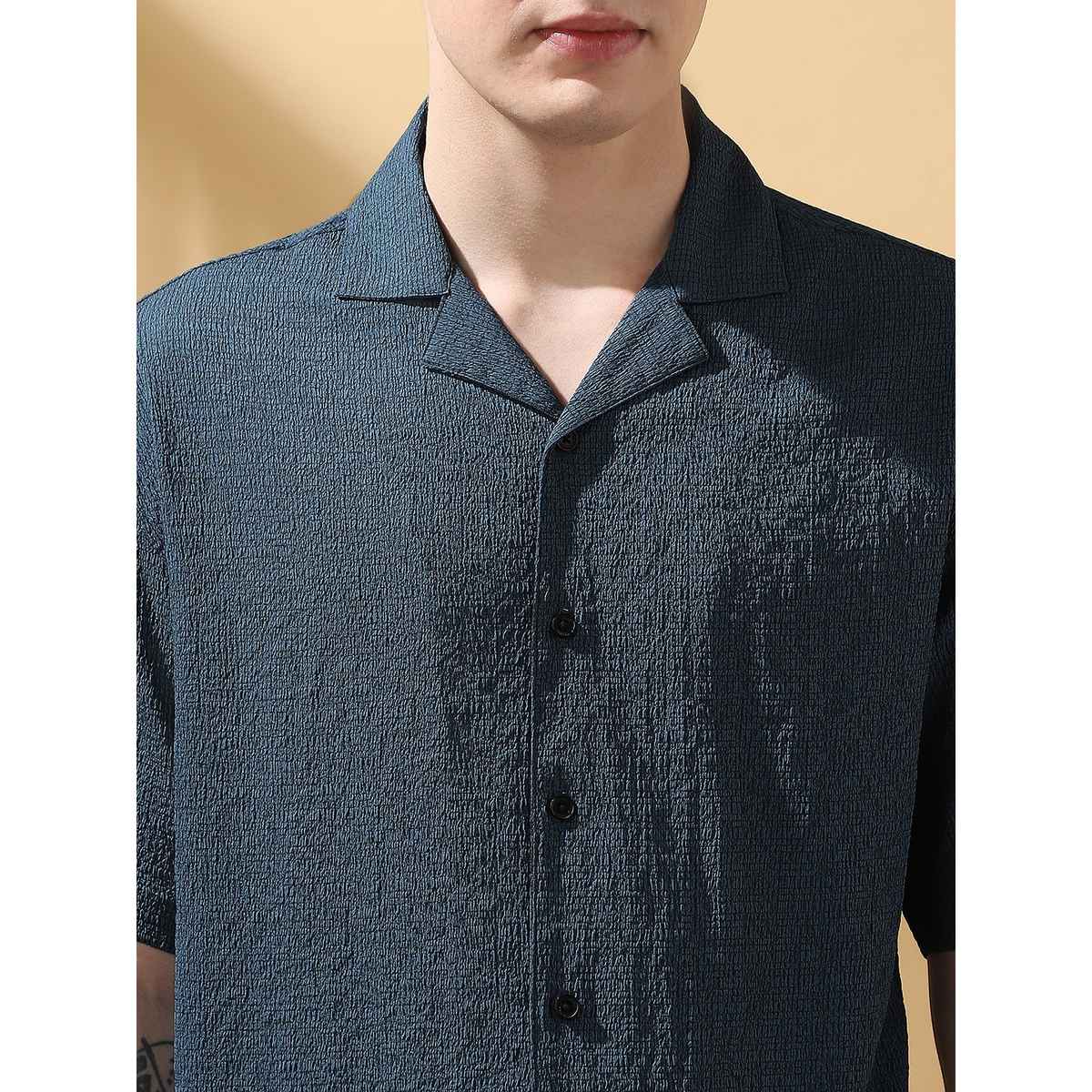 Dennis Lingo Men's Relaxed Fit Cuban Collar Textured Casual Shirt | DLMSHS25208 BL-XXL | Blue - XXL