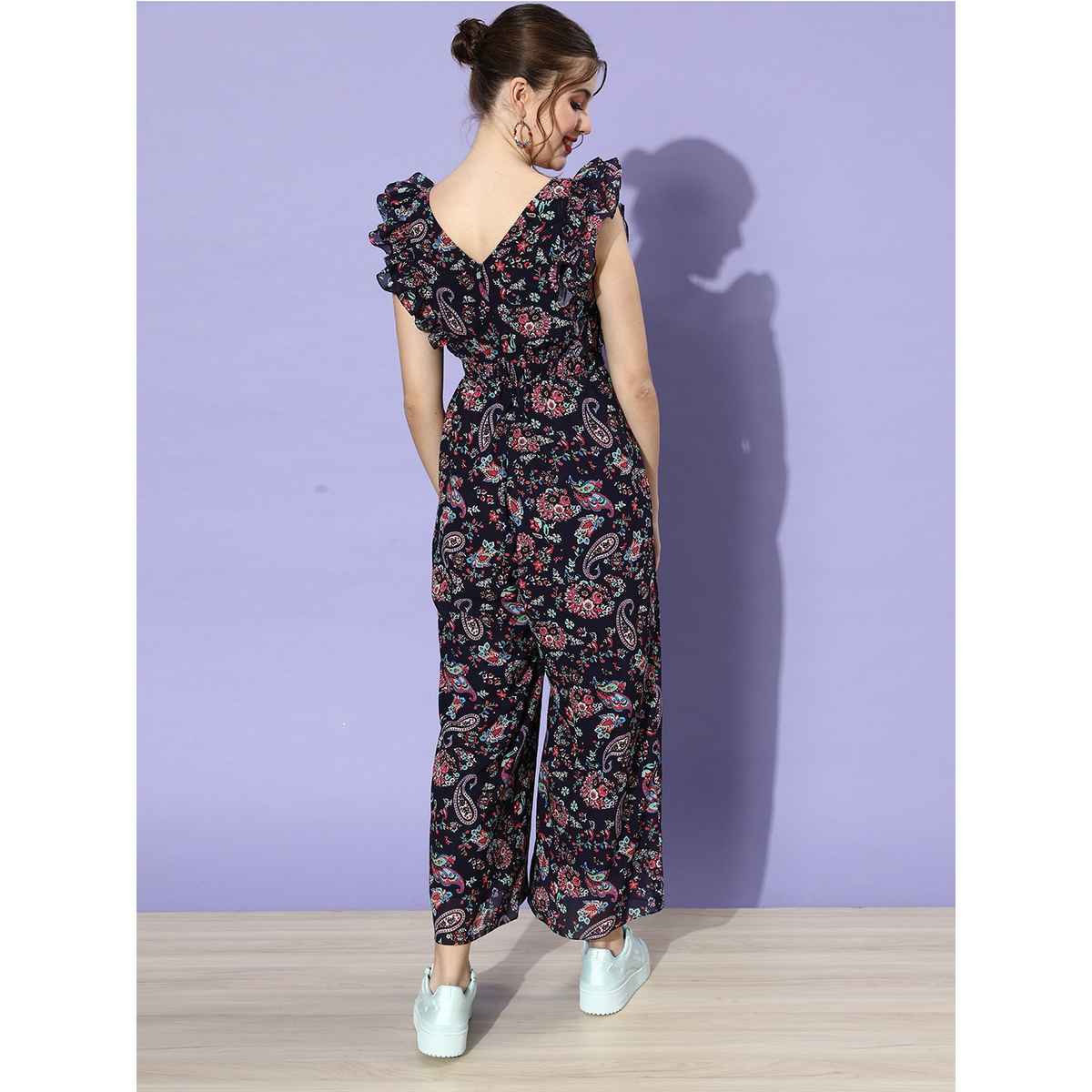 Miss Chase Women Multicolored-Base-Round Neck Sleeveless Floral Wide Leg Jumpsuit | Navy Blue | S