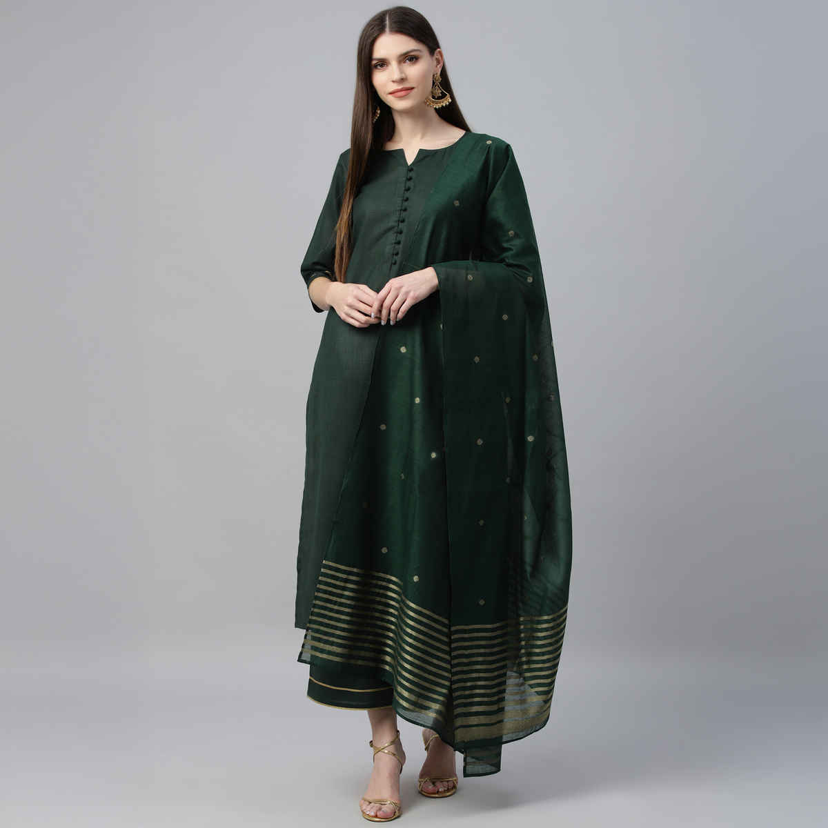 Libas Women Green Solid Straight Kurta And Green Solid Palazzo With Green Dupatta - 6871L