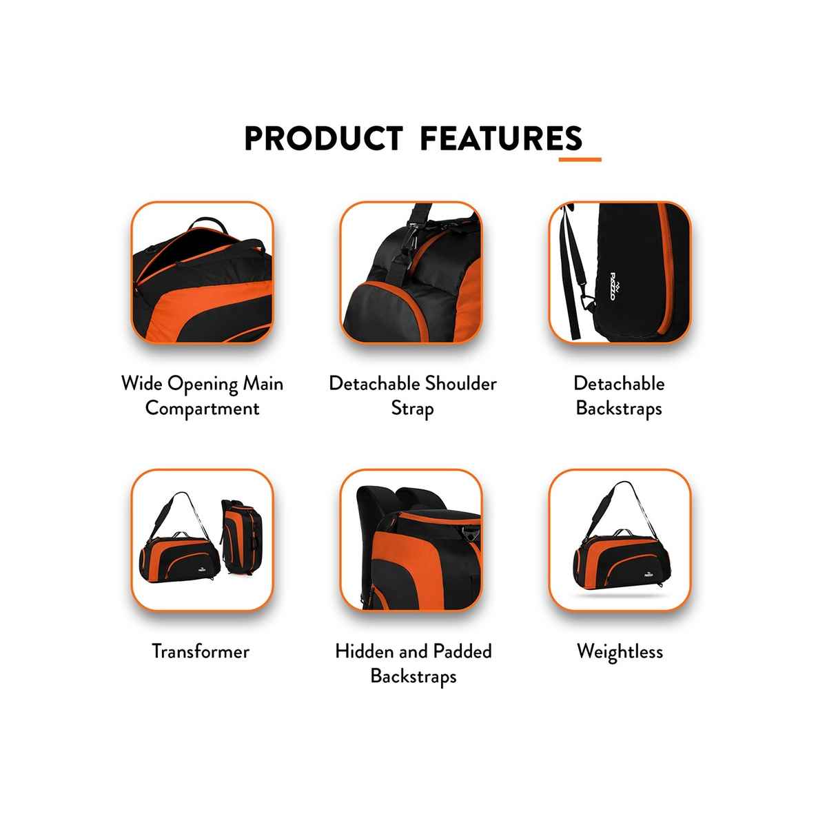 Pazzo Jake 50L Duffel Bag | 3-in-1 Gym | Travel & Backpack | Convertible with Spacious Storage