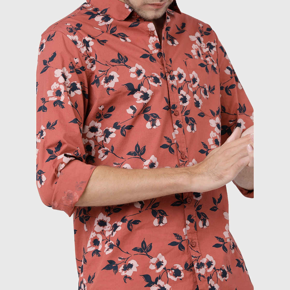 Highlander Men's Slim Fit Floral Printed Casual Shirt - Rust and Black | S