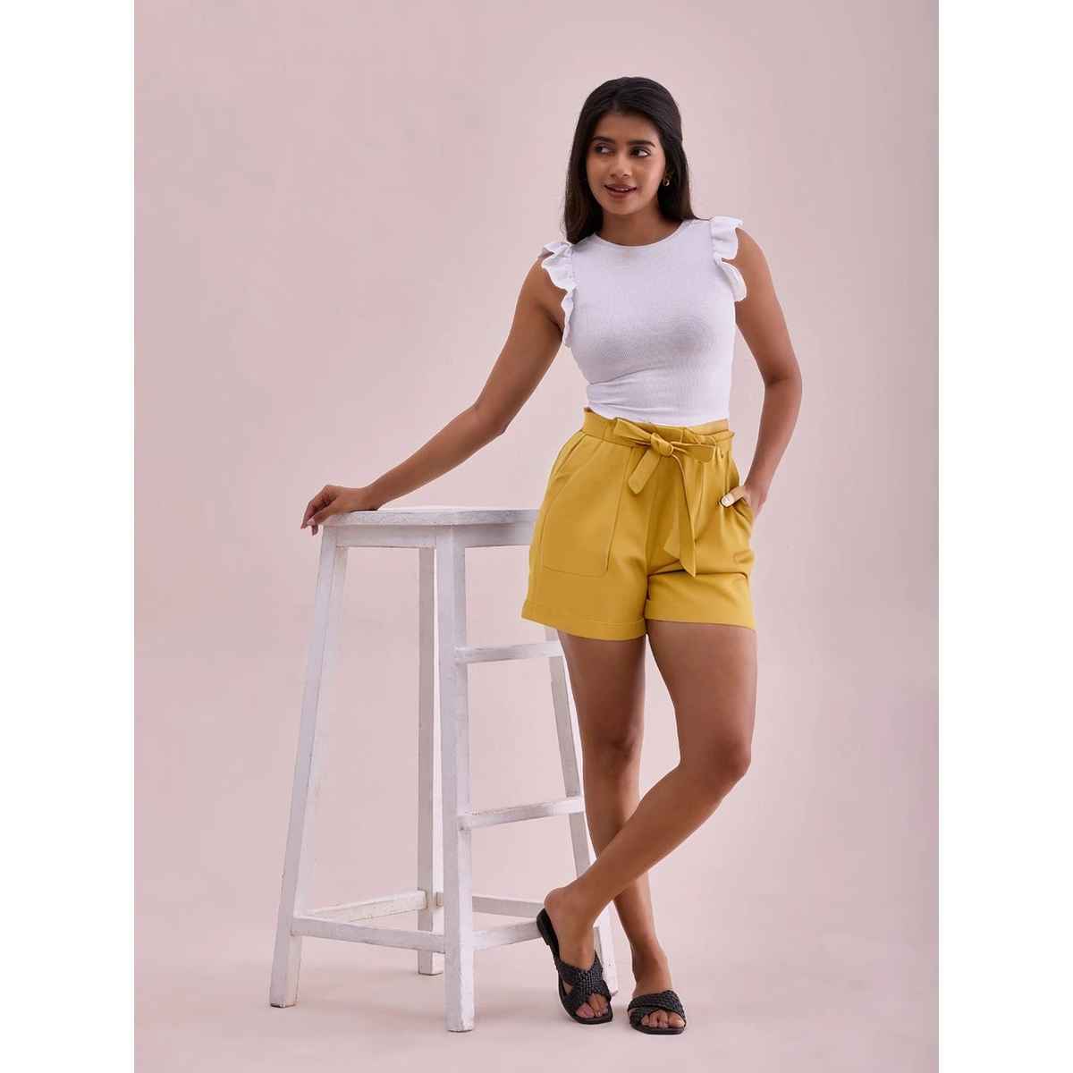 Luxrio Women's Cotton Linen Blended Shorts | WMNSHORTSCF | Yellow - S