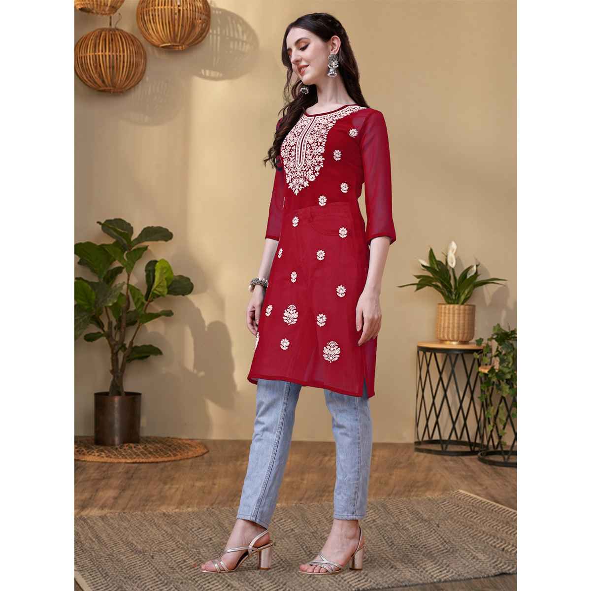 Youthnic Georgette Embroidered Embroidered Straight Short Kurti | B54 - Taara Maroon | S
