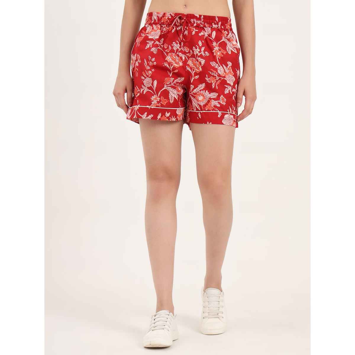 Divena Red Floral Print Cotton Shorts for Women | DK0256 - L