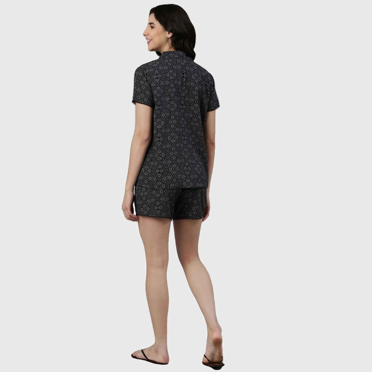 Enamor Essentials EC13 Women s Modal Woven Printed Shirt And Shorts Set | Black | L