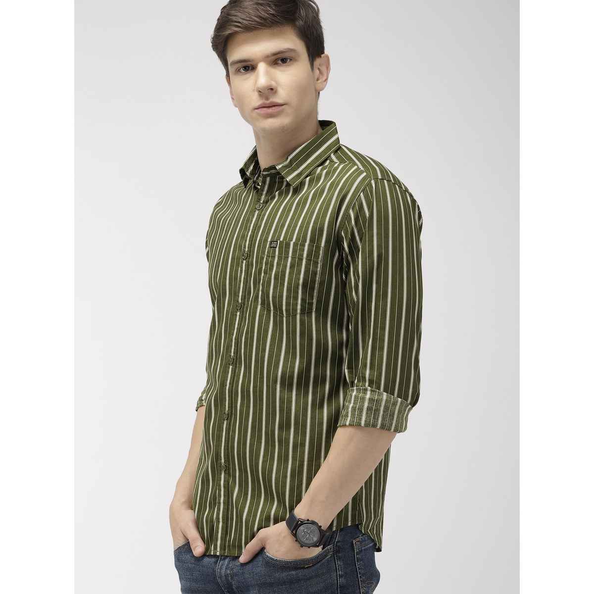 The Indian Garage Co Men's Slim Fit Multi Stripes Casual Shirt | Olive - M