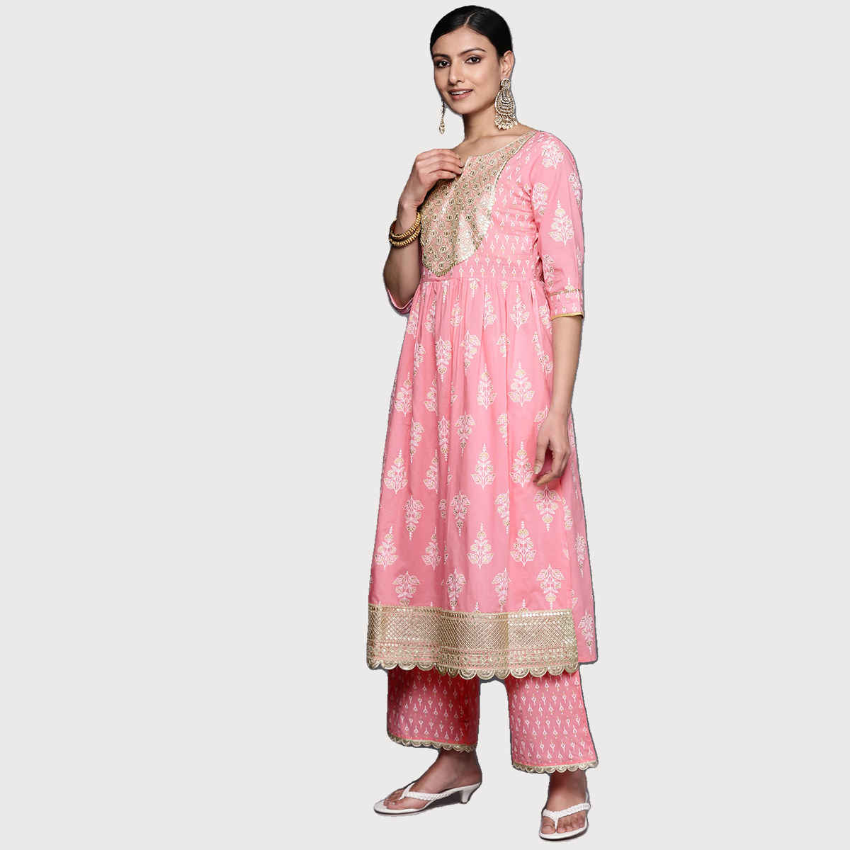 Libas Women Pink Zari Work Yoke & Tassels Detail A-Line Kurta With Palazzos & Dupatta - 34251S