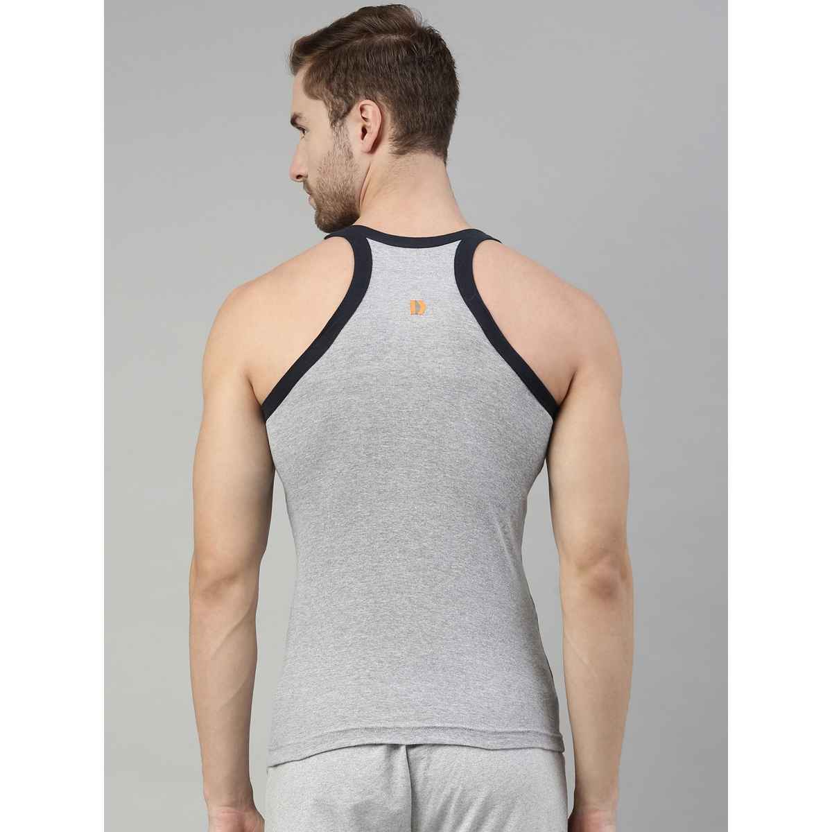 Dixcy Scott Men's 100% Combed Cotton Rib Solid Squared Neck Sleeveless Gym Vest | Grey & Navy - XL