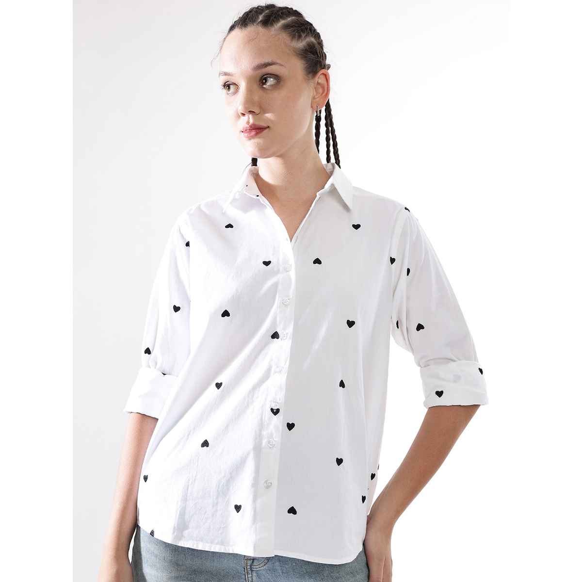 Hubberholme Women's Embroidery Oversized Spread Collar Shirt | Multicolor - M