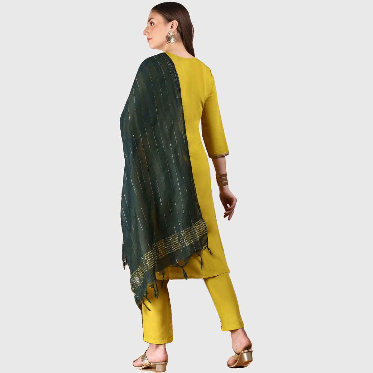 Ishin Women Kurta Set with Dupatta | INWSDS24158 | Yellow Viscose Silk - L