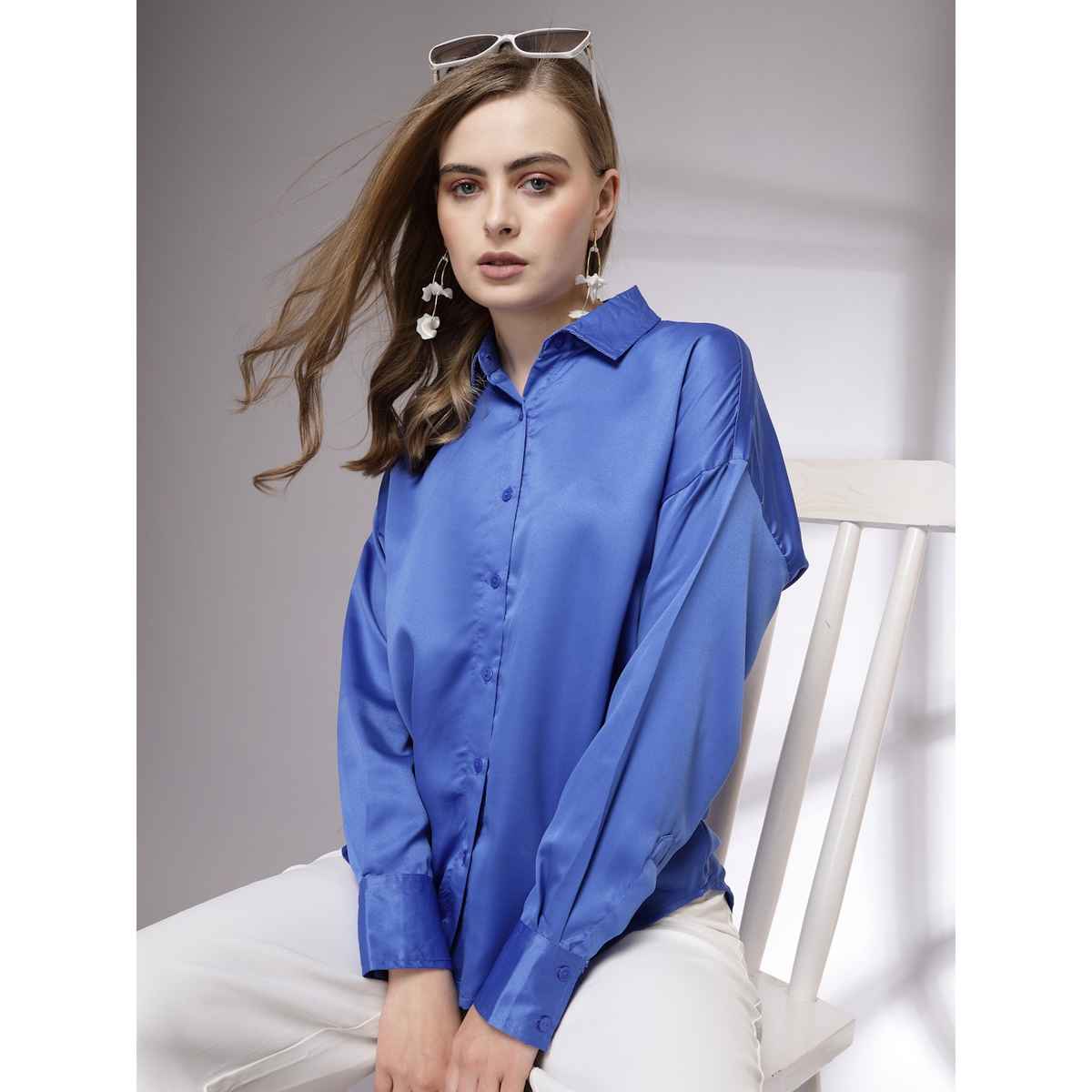 Freehand Women's Loose Solid Casual Shirt | Blue - S