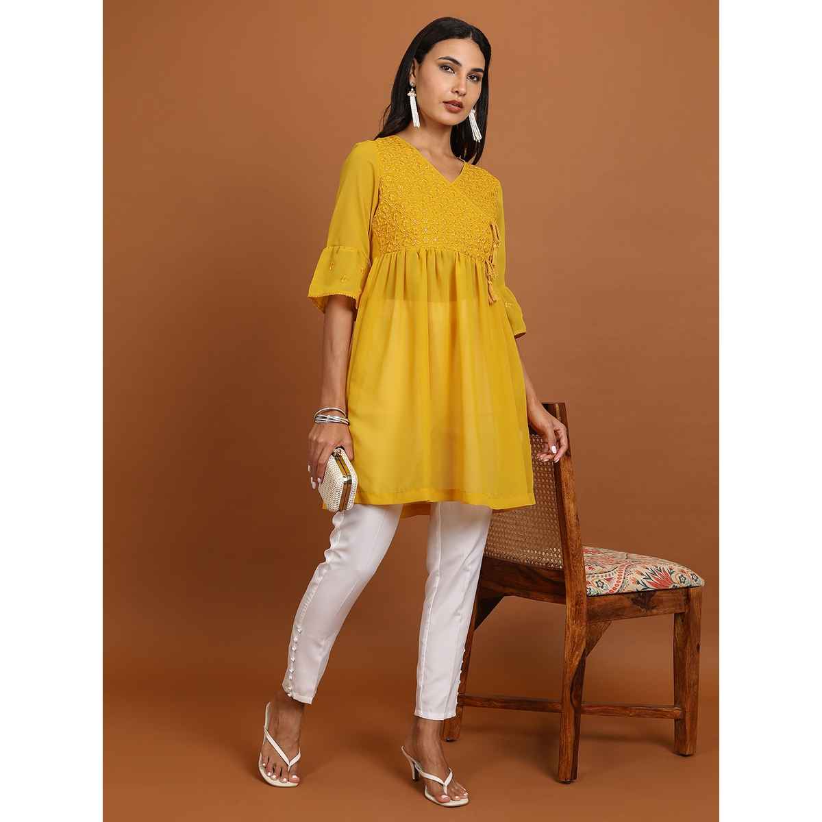 Ketch Women's Ethnic Motifs Embroidered V-Neck Bell Sleeve Pleated A-Line Kurti | Mustard | M
