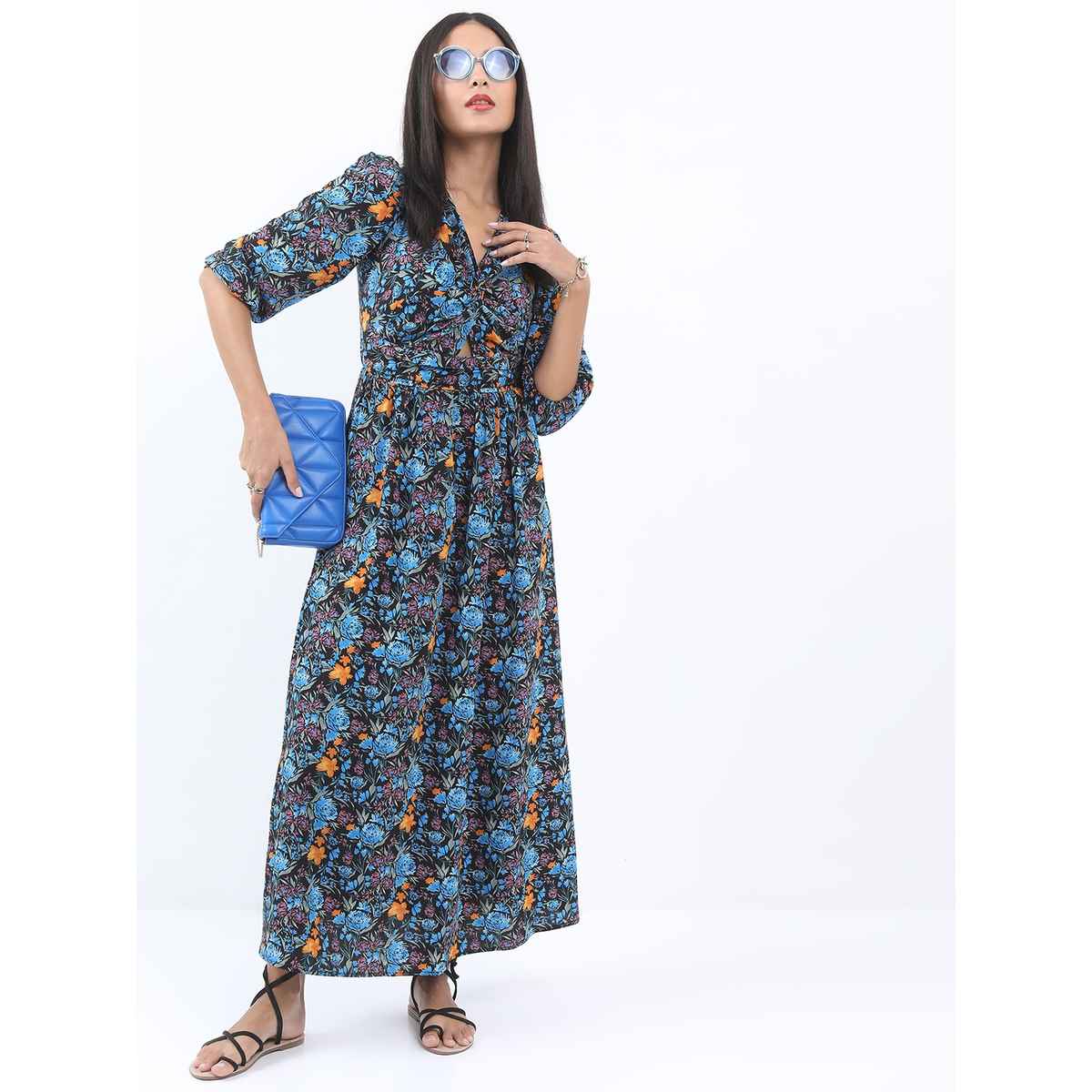 Ketch Women's Floral Printed V-Neck Maxi Dress | Multicolor - XL