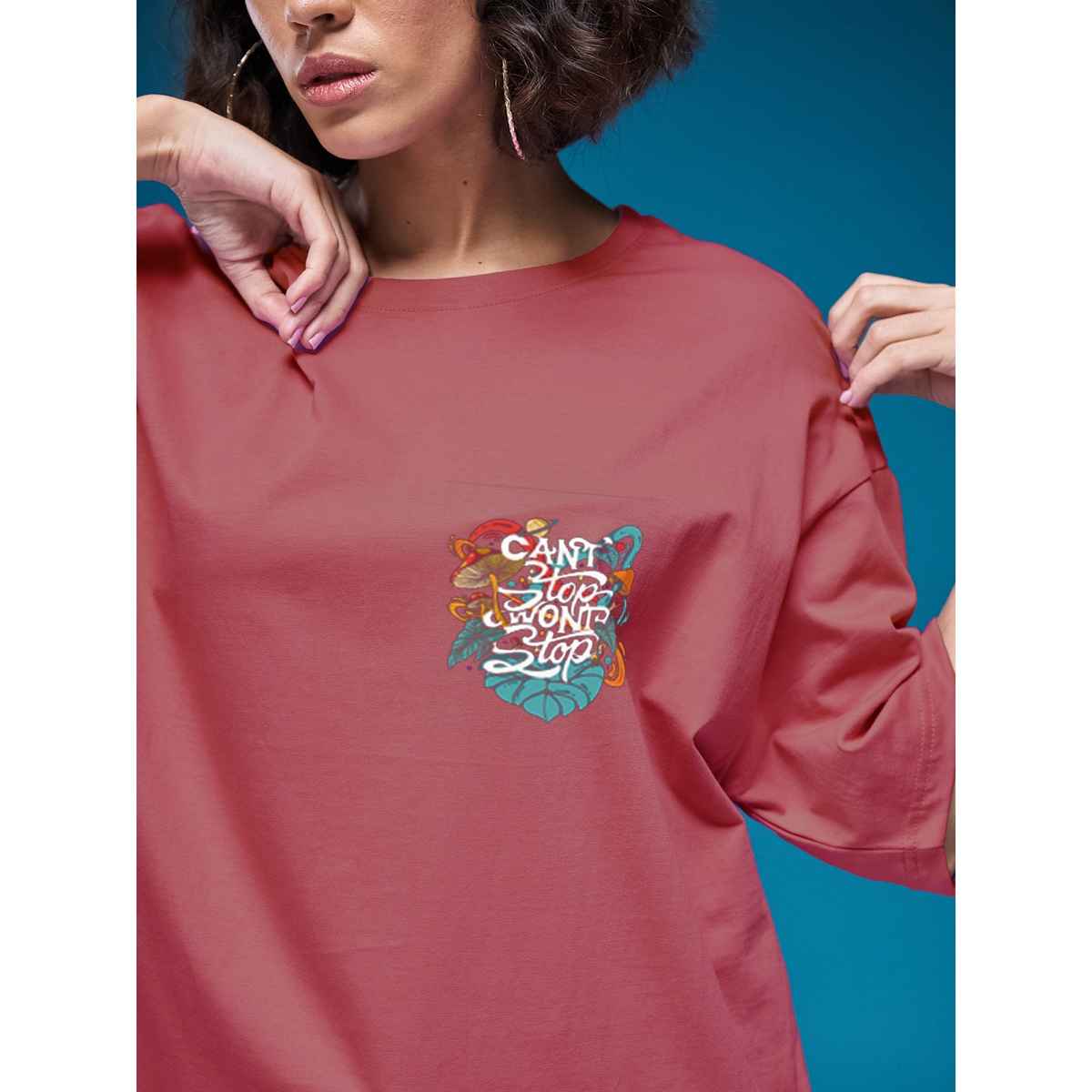 Smartees Women's Oversize Printed T-shirt | WW - 2030 | Onion Pink - XL